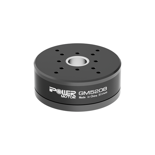 iFlight GM5208-12 Brushless Gimbal Motor, Black GM5208 brushless gimbal motor with flat mounting plate and multiple screw holes, labeled iPower Motor