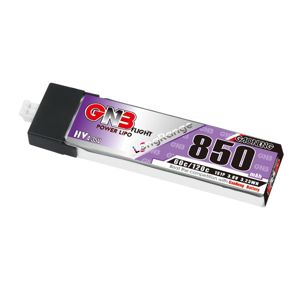 GAONENG GNB 850mAh 1S LiHV 3.8V 60C LiPo battery with PH2.0 connector, angled view