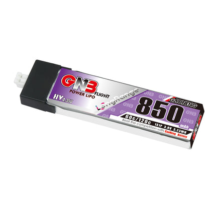 GAONENG GNB 850mAh 1S LiHV 3.8V 60C LiPo battery with PH2.0 connector, angled view
