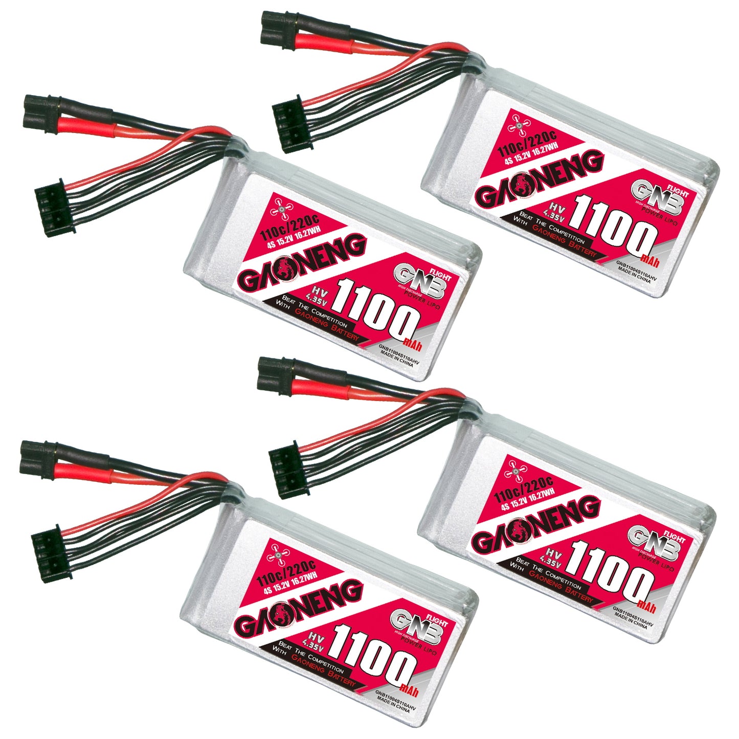 Set of four GAONENG 1100mAh LiHV batteries shown at an angle with XT30 connectors