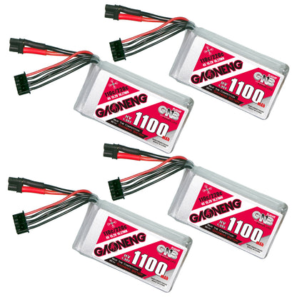Set of four GAONENG 1100mAh LiHV batteries shown at an angle with XT30 connectors