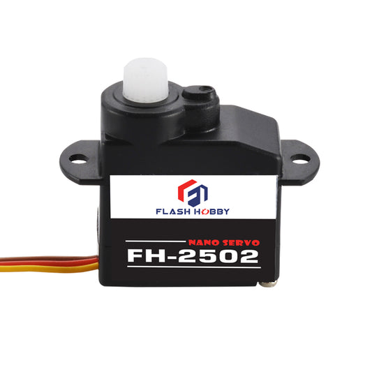 Flashhobby FH-2502 Micro Servo, Flashhobby FH-2502 nano micro servo motor with mounting tabs, white output shaft, and 3-wire lead