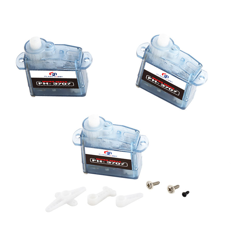 Flashhobby FH-3707 micro servo with clear blue case, white output shaft, servo horns, and mounting screws