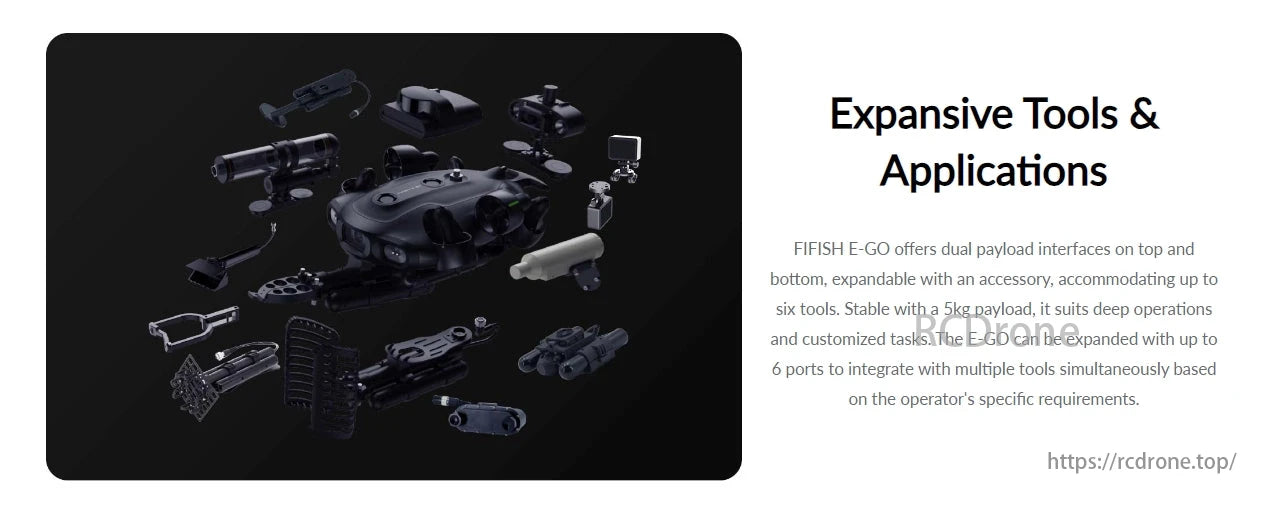 Fifish E-Go 4K Underwater ROV, FIFISH E-GO supports dual payload interfaces, expandable to six tools, with a 5kg payload for stable deep operations and customized tasks.