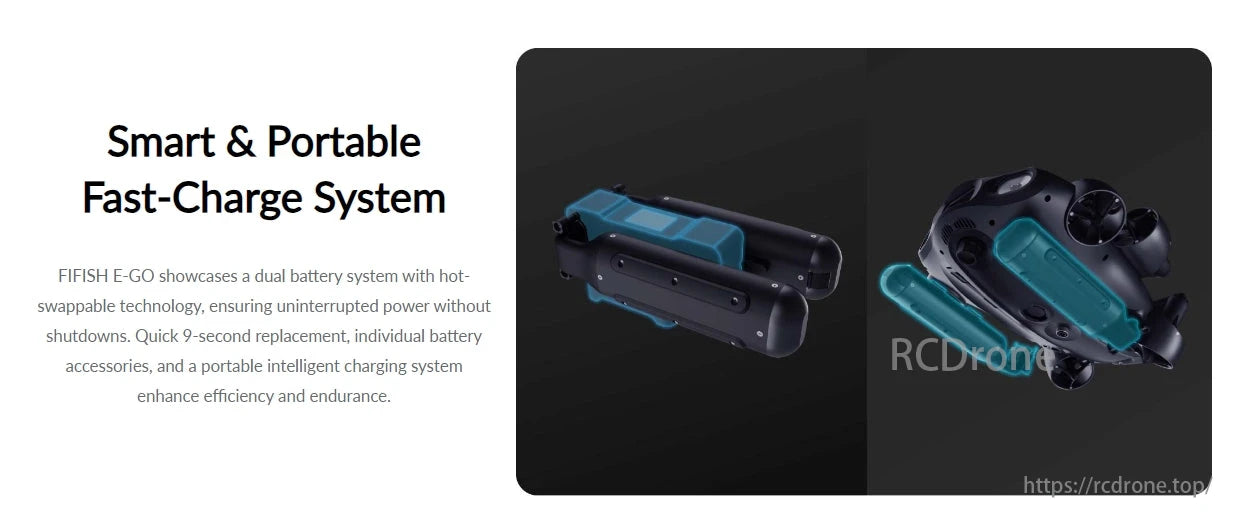 Fifish E-Go 4K Underwater ROV, FIFISH E-GO features a dual battery system with hot-swappable technology, enabling quick 9-second replacements and efficient portable charging for extended use.