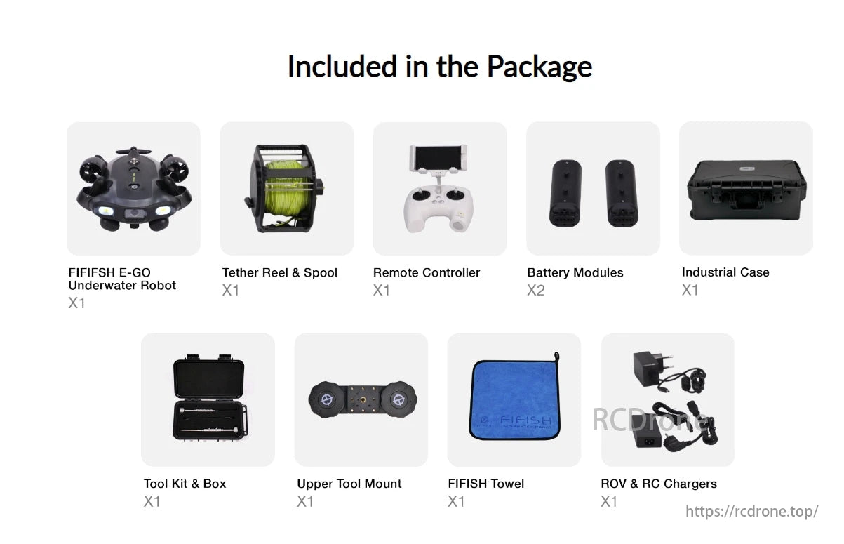 Fifish E-Go 4K Underwater ROV, The package includes the FIFIFSH E-GO underwater robot, tether reel, remote controller, two battery modules, industrial case, tool kit, upper tool mount, towel, and chargers.