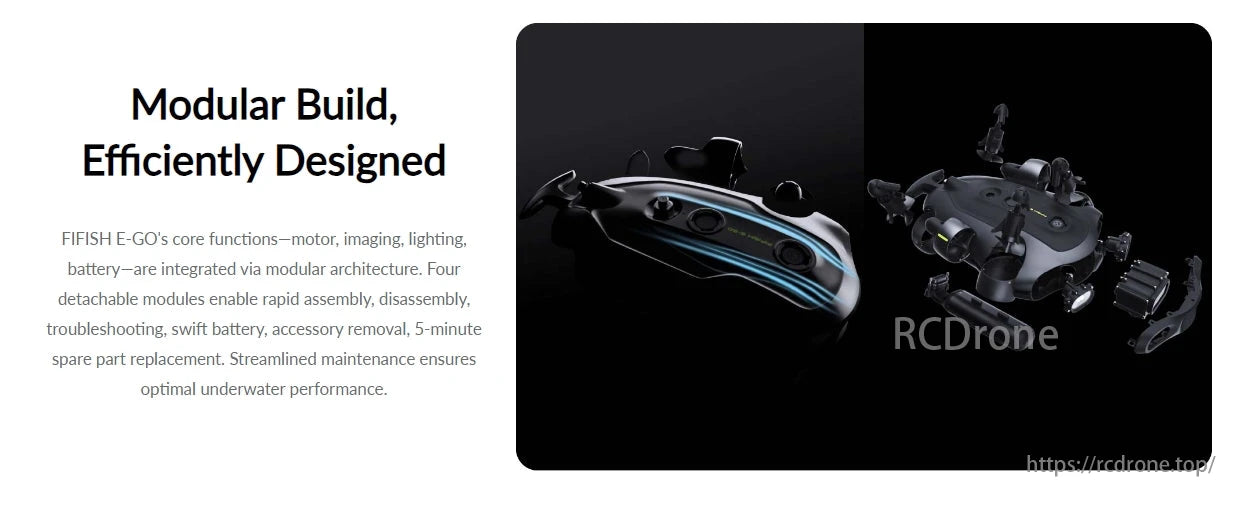 Fifish E-Go 4K Underwater ROV, The FIFISH E-GO features a modular design with integrated motor, imaging, lighting, and battery, allowing for quick assembly, disassembly, and maintenance to enhance underwater performance.