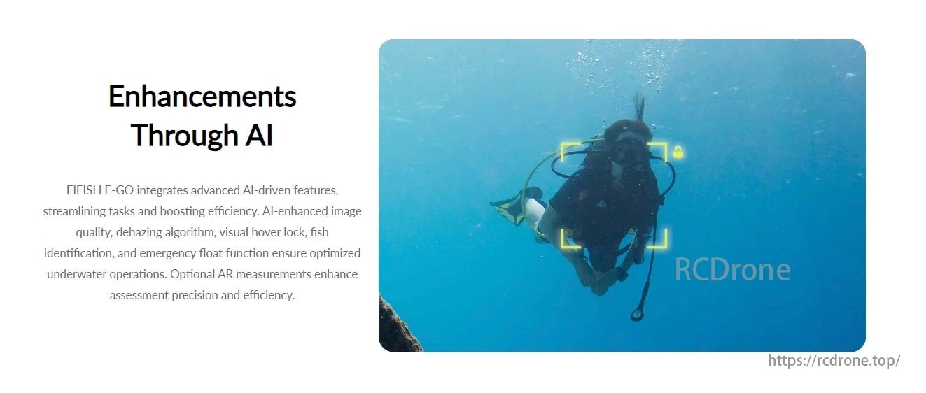 Fifish E-Go 4K Underwater ROV, FIFISH E-GO uses AI to streamline tasks, improve image quality, and offer features like dehazing, hover lock, and fish identification.