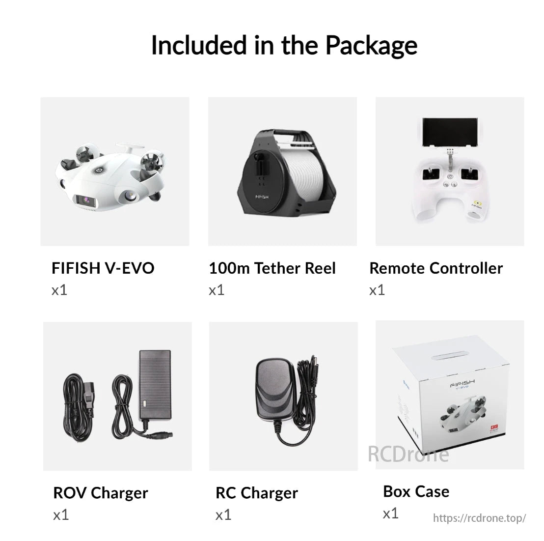 FIFISH V-EVO Underwater Drone, FISH V-EVO underwater drone comes with a package including a tether reel, remote controller, charger, and case.