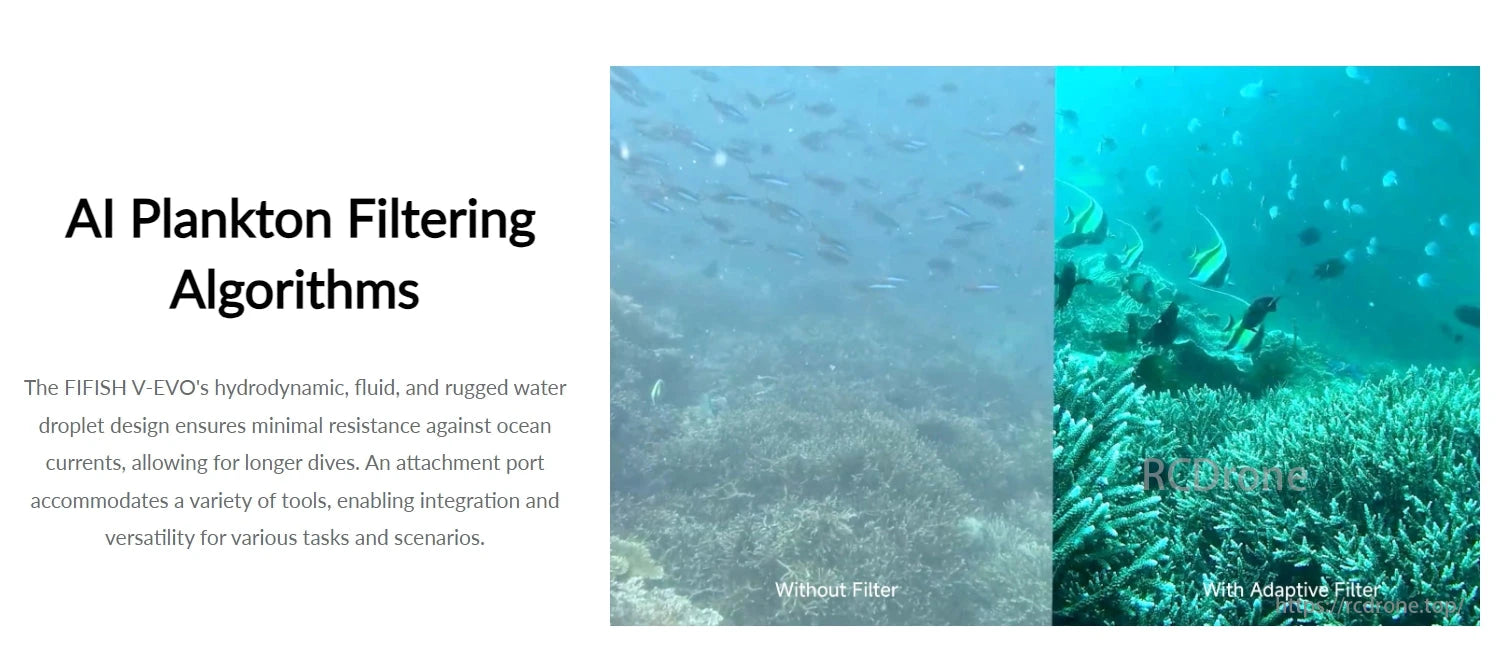 FIFISH V-EVO Underwater Drone, The FIFISH V-EVO has a hydrodynamic design that resists ocean currents, allowing for longer dives, with an attachment port for various tools.