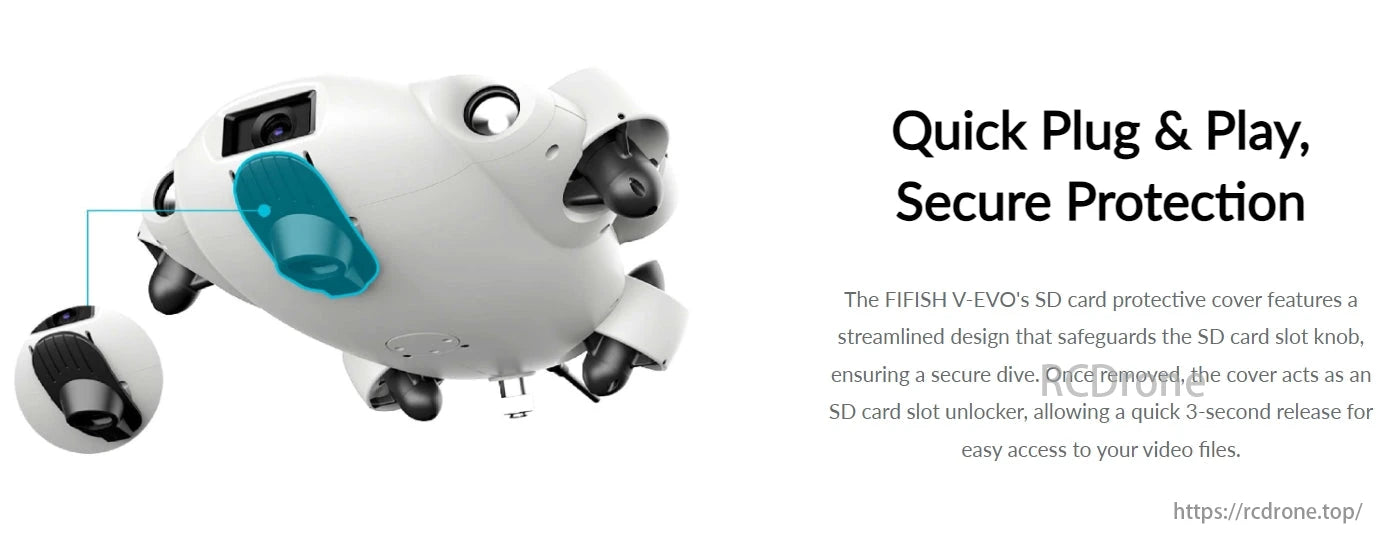 FIFISH V-EVO Underwater Drone, The FIFISH V-EVO's SD card cover ensures secure diving, quick 3-second release for easy video access, and a streamlined design protects the SD card slot.