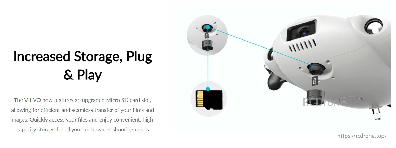 FIFISH V-EVO Underwater Drone, Micro SD card slot for efficient file transfer and quick access to high-capacity storage for underwater shoots.