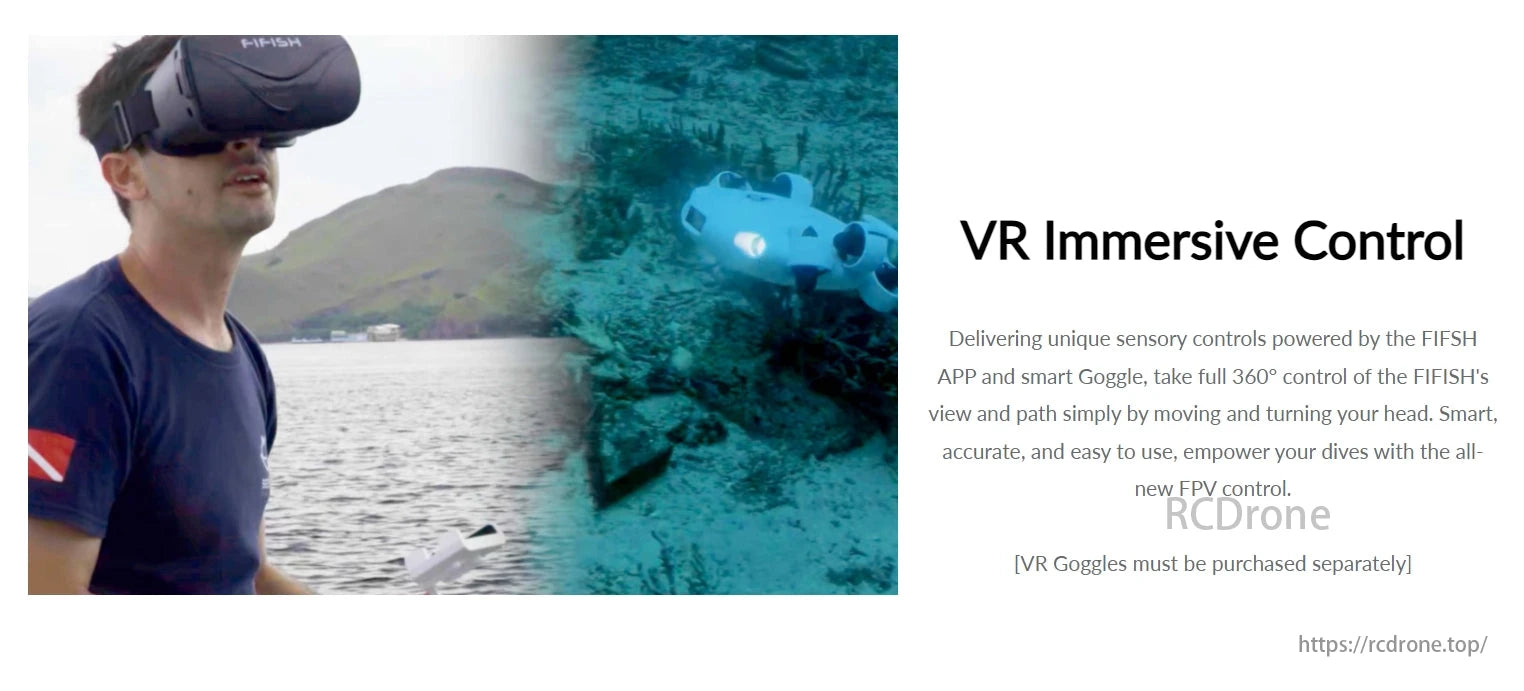 FIFISH V-EVO Underwater Drone, The Fiish VR Immersive Control provides unique sensory controls for full 360-degree control using smart goggles and the Fiish App.