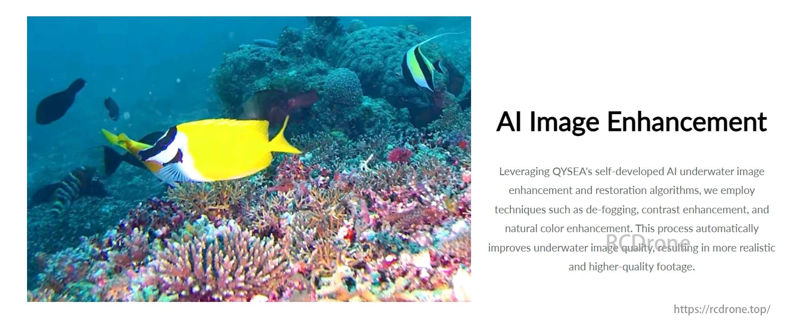 FIFISH V-EVO Underwater Drone, AI enhances underwater footage using de-fogging, contrast, and color adjustments for realistic, high-quality results.