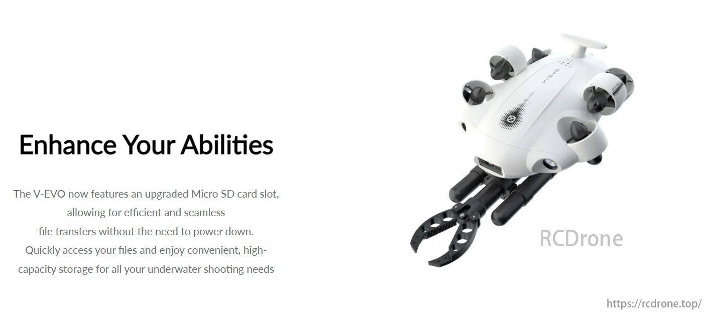 The FIFISH V-EVO Underwater Drone features an improved Micro SD card slot for faster transfers and more storage.