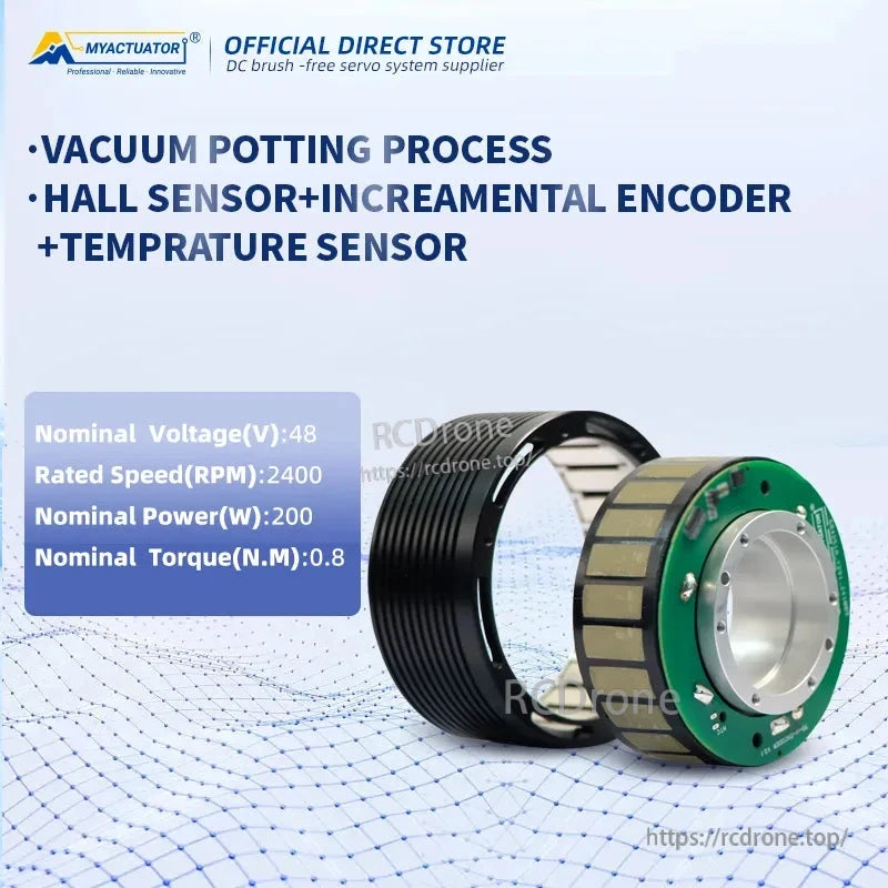 The FLO-70-15 Torque Motor by MYACTUATOR features vacuum potting, sensors, 48V/2400 RPM/200W/0.8N.M specs, compact design, and reliable performance for high-end servo systems.