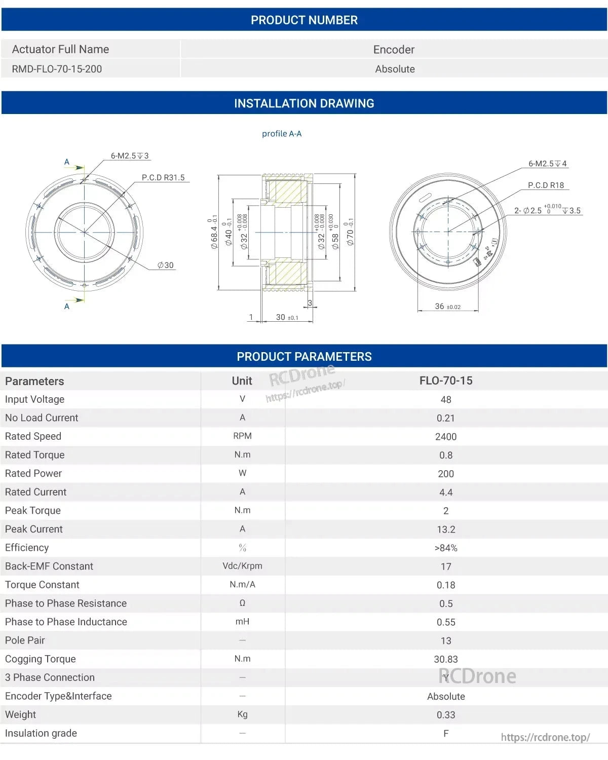 The FLO-70-15 torque motor features 48V, 200W, 2400 RPM, 0.8 N.m torque, absolute encoder, 0.33 kg weight, 13 pole pairs, 84% efficiency, and includes installation and electrical details.