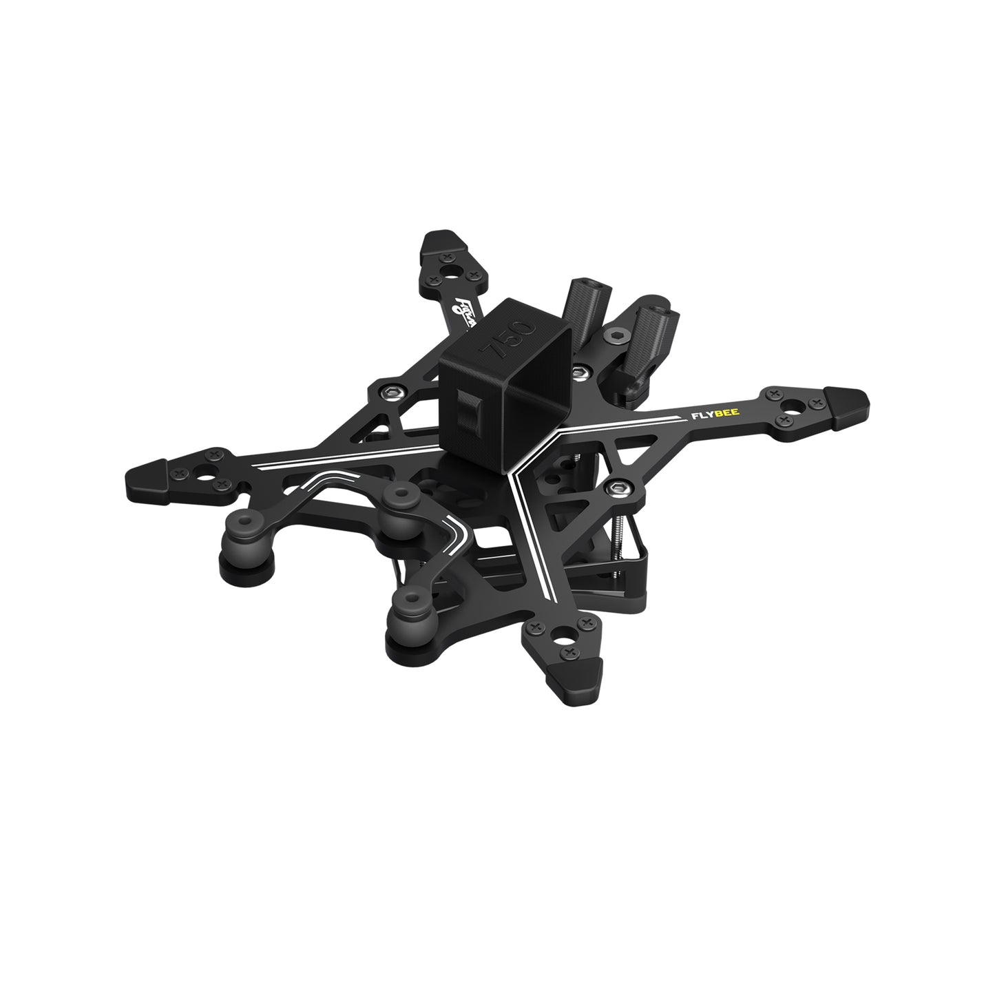 FLYWOO Flybee 16/20 FPV Frame, FLYWOO Flybee FPV drone frame with black carbon fiber arms, top plate, and 130 canopy/camera mount