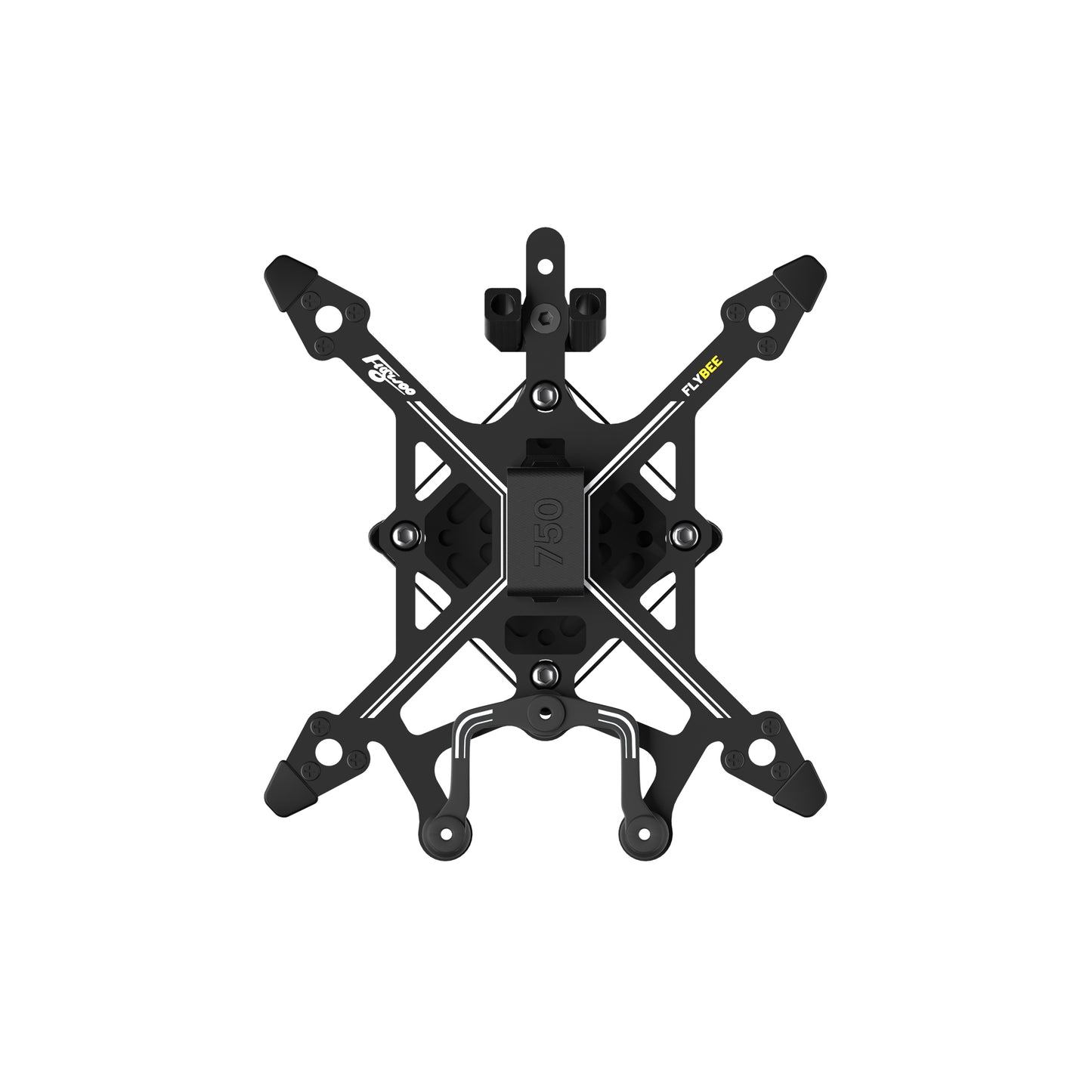 FLYWOO Flybee 16/20 FPV Frame, Top view of FLYWOO Flybee 16/20 FPV quad frame with X-style arms, motor mount holes, and 750 battery strap