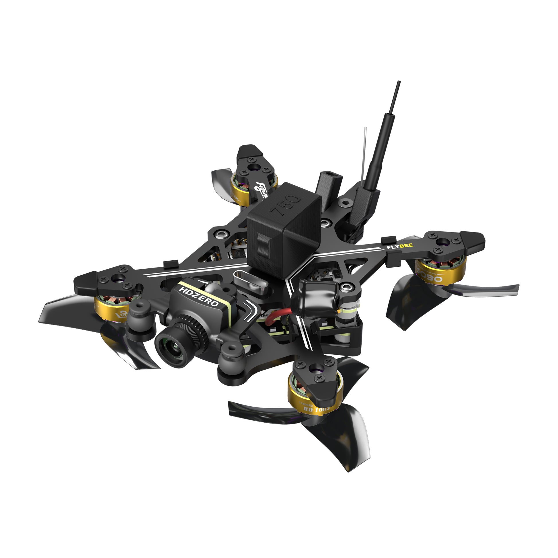Flybee 16 HDZero 2S Ultralight FPV, Flybee 16 HDZero ultralight 2S FPV quadcopter with HDZERO camera, four motors, and rear antenna