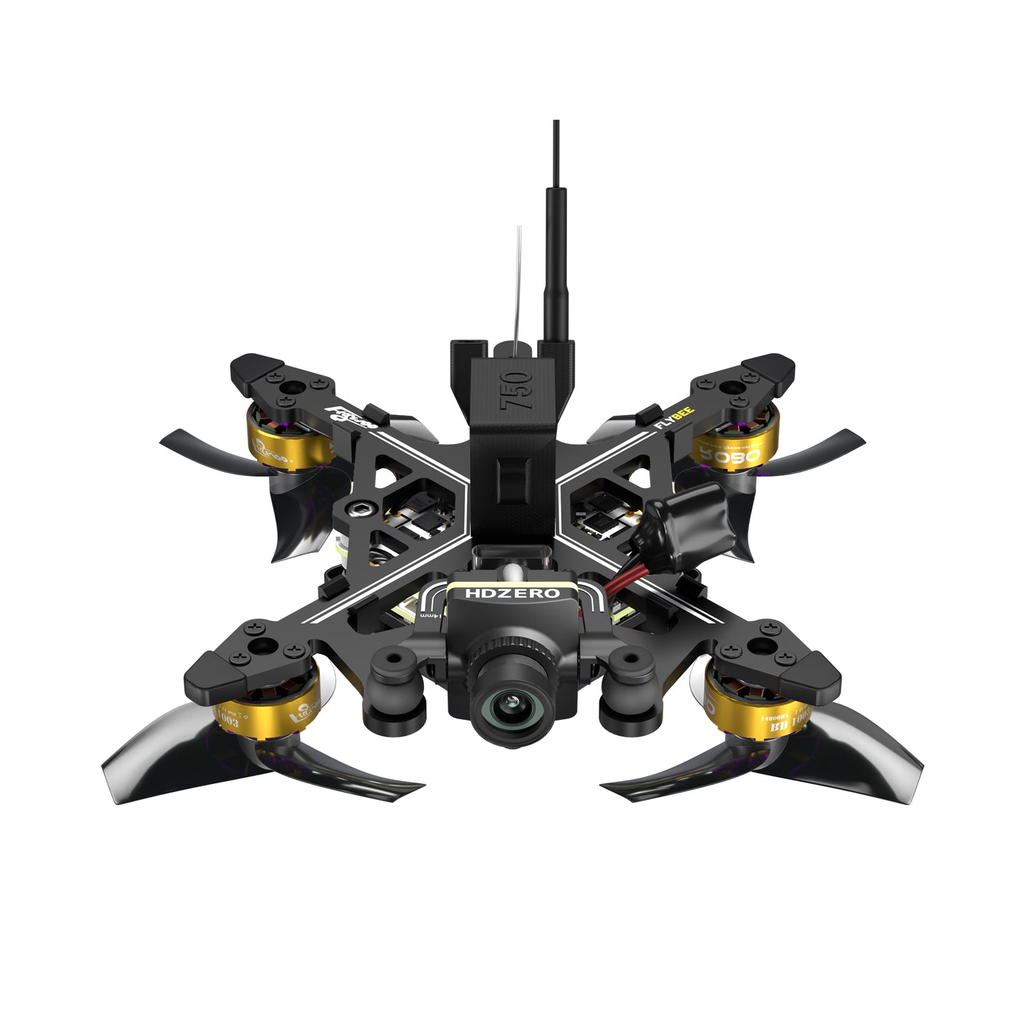 Flybee 16 HDZero 2S Ultralight FPV, Flybee 16 ultralight FPV quadcopter with HDZero camera, four props, and top-mounted antenna