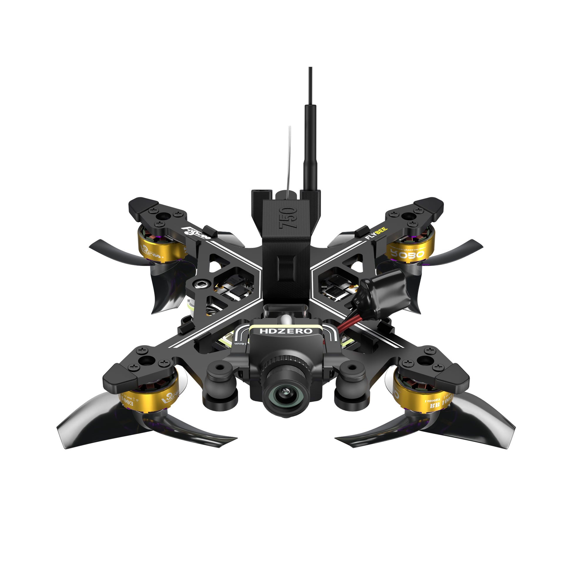 Flybee 16 HDZero 2S Ultralight FPV, Flybee 16 ultralight FPV quadcopter with HDZero camera, four props, and top-mounted antenna