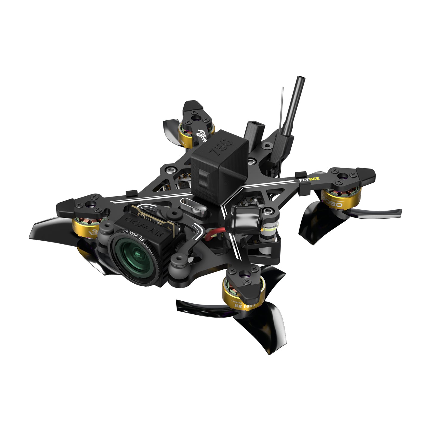 Flybee 16 HD O4 2S Ultralight FPV, Flybee 16 micro FPV quadcopter with front camera, four brushless motors, tri-blade props, and rear antenna