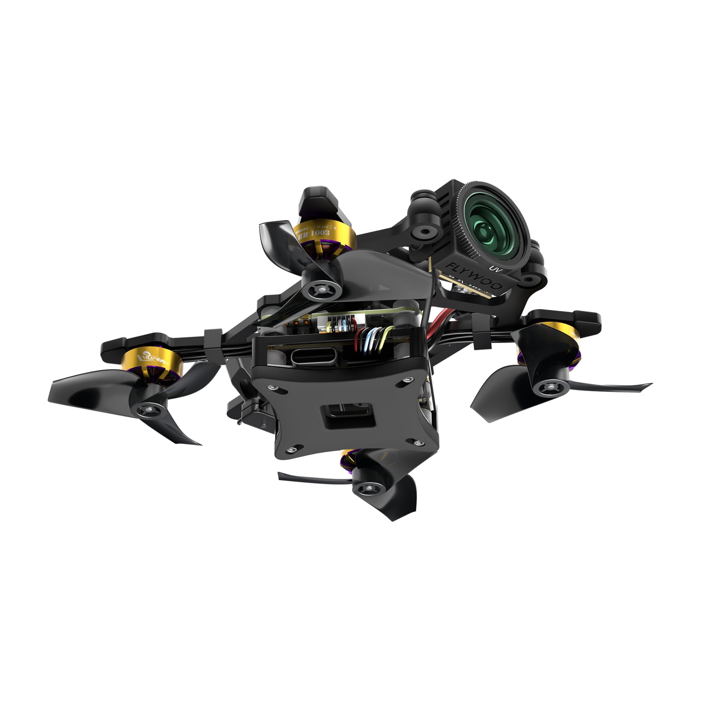 Flybee 16 HD O4 2S ultralight FPV quadcopter with front HD camera, tri-blade props, gold-cap motors, and side USB-C port