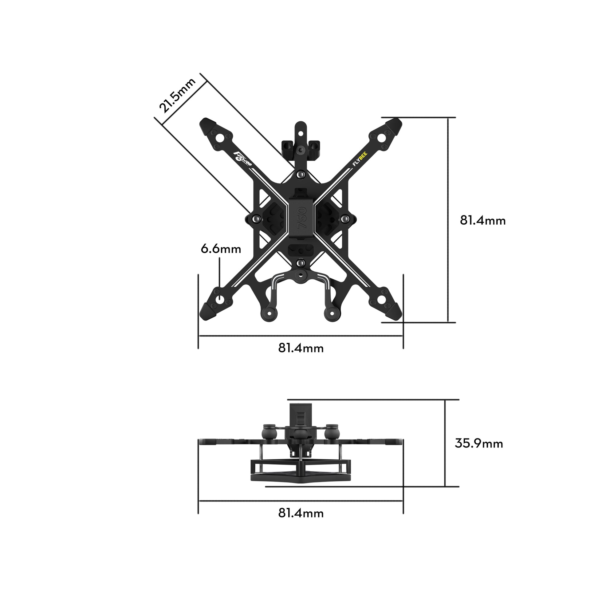 FLYWOO Flybee 16/20 FPV Frame, FLYWOO Flybee 16/20 FPV drone frame dimension diagram showing 81.4mm x 81.4mm footprint and 35.9mm height