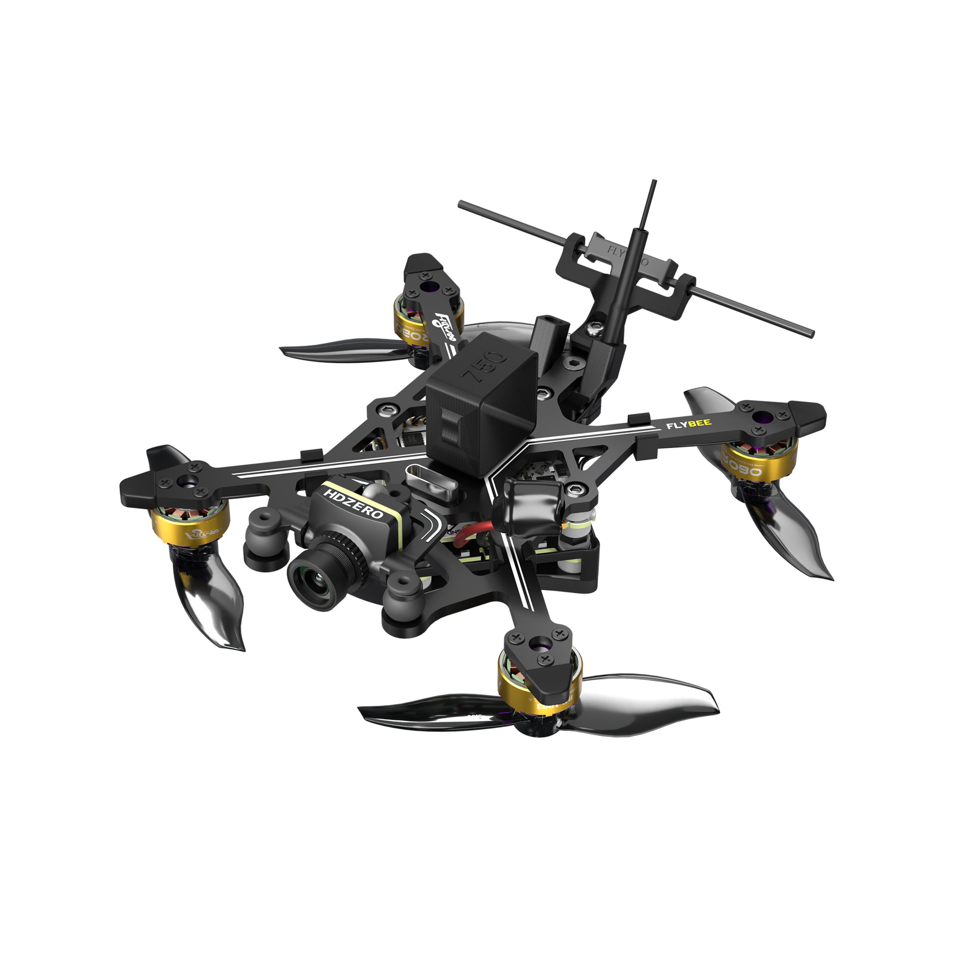 Flywoo Flybee 20 HDZero 2S Ultralight FPV, Flywoo Flybee 20 ultralight FPV quadcopter with HDZero camera, four props, and rear antenna mount