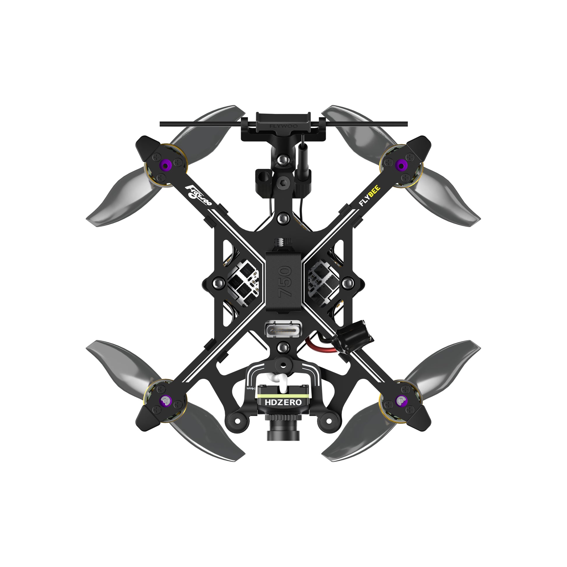 Flywoo Flybee 20 HDZero 2S Ultralight FPV, Top-down view of Flywoo Flybee 20 ultralight FPV quadcopter with four propellers and HDZero camera