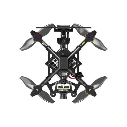 Flywoo Flybee 20 HDZero 2S Ultralight FPV, Top-down view of Flywoo Flybee 20 ultralight FPV quadcopter with four propellers and HDZero camera