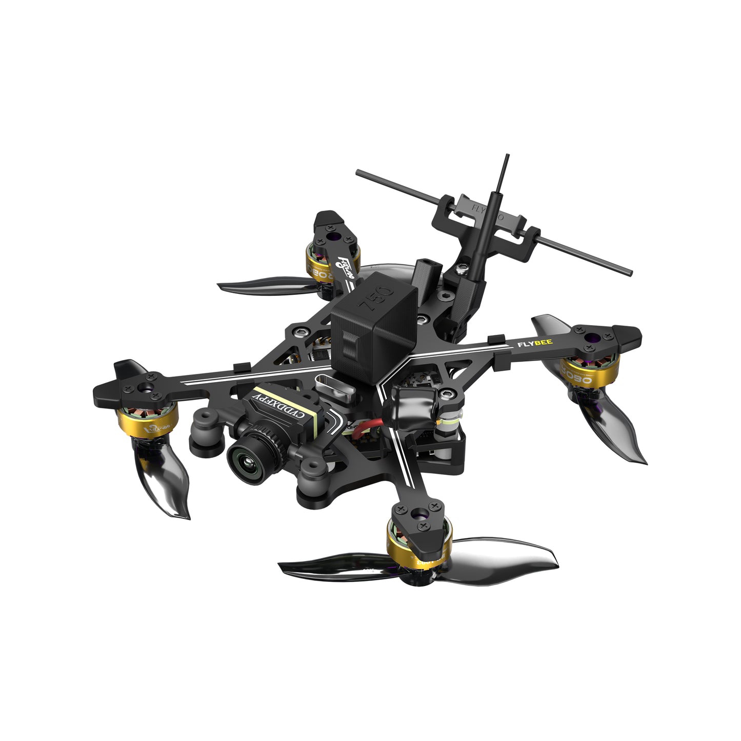 Flywoo Flybee 20 HD Walksnail 2S Ultralight FPV, Flywoo Flybee 20 micro FPV quadcopter with four propellers, front Caddx camera, and rear antenna mount