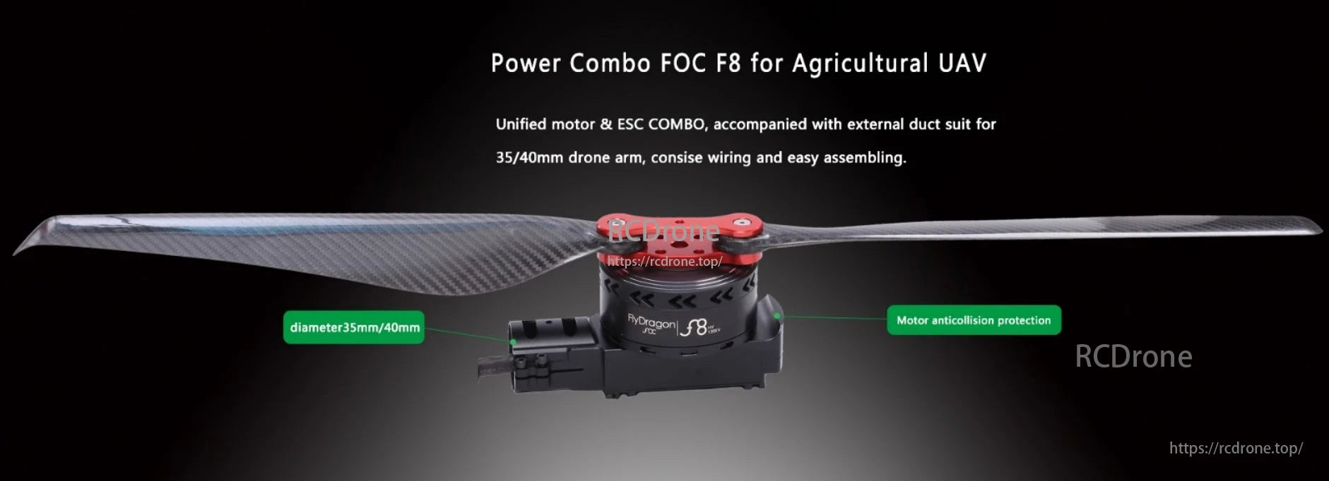 Flycolor FlyDragon FOC F8 Motor, FlyDragon FOC F8 motor for agricultural UAVs features a unified motor & ESC combo, 35/40mm arm diameter, simple wiring, easy assembly, and anticollision protection.