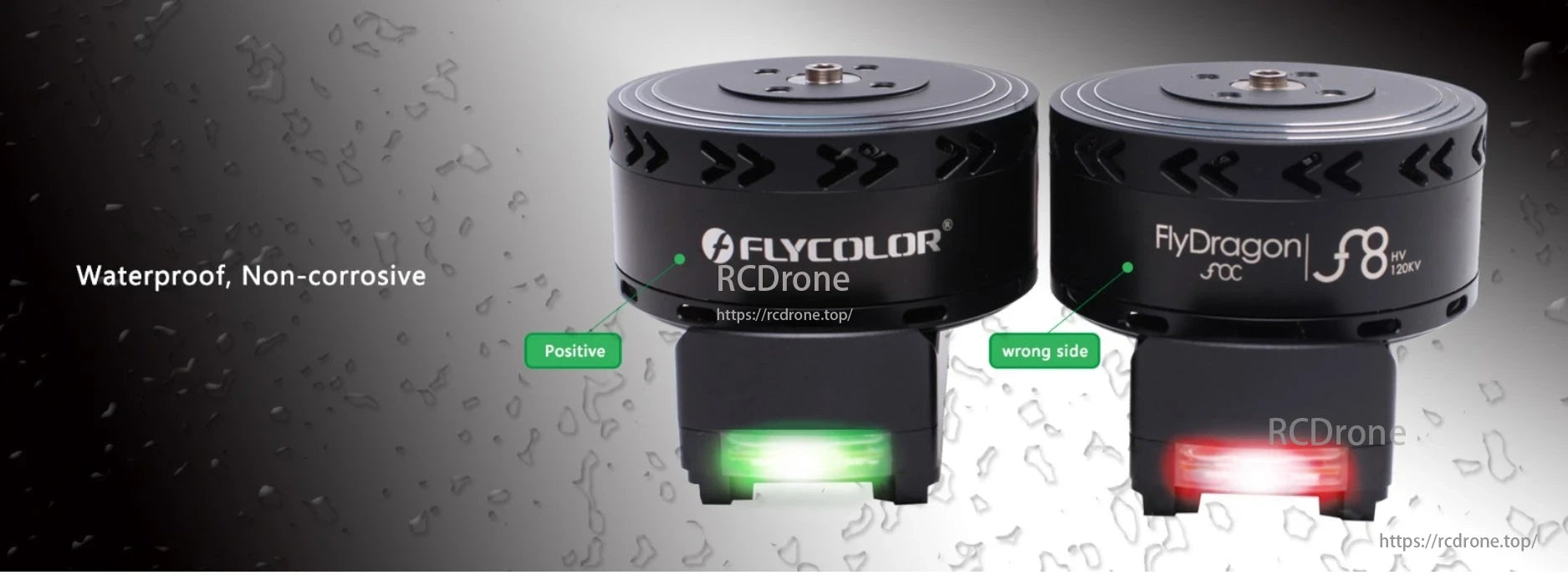 The Flycolor FlyDragon FOC F8 motor is waterproof, non-corrosive, and features positive and wrong side indicators.