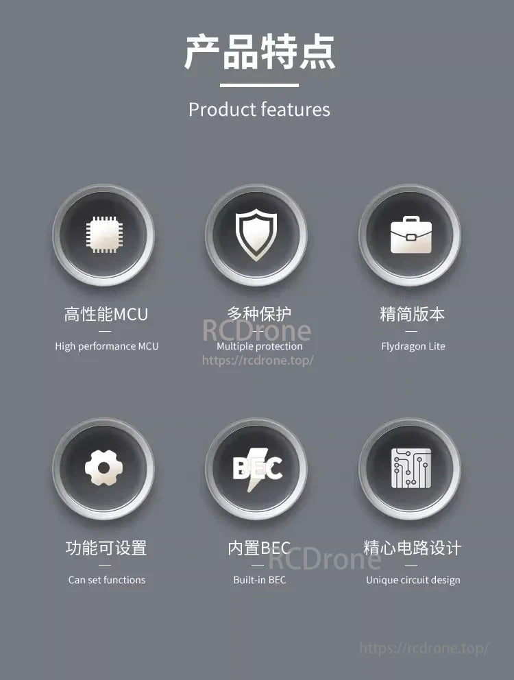 Flycolor FlyDragon Lite ESC, High-performance MCU, multiple protections, Flydragon Lite, customizable functions, built-in BEC, unique circuit design for FPV drone ESC.