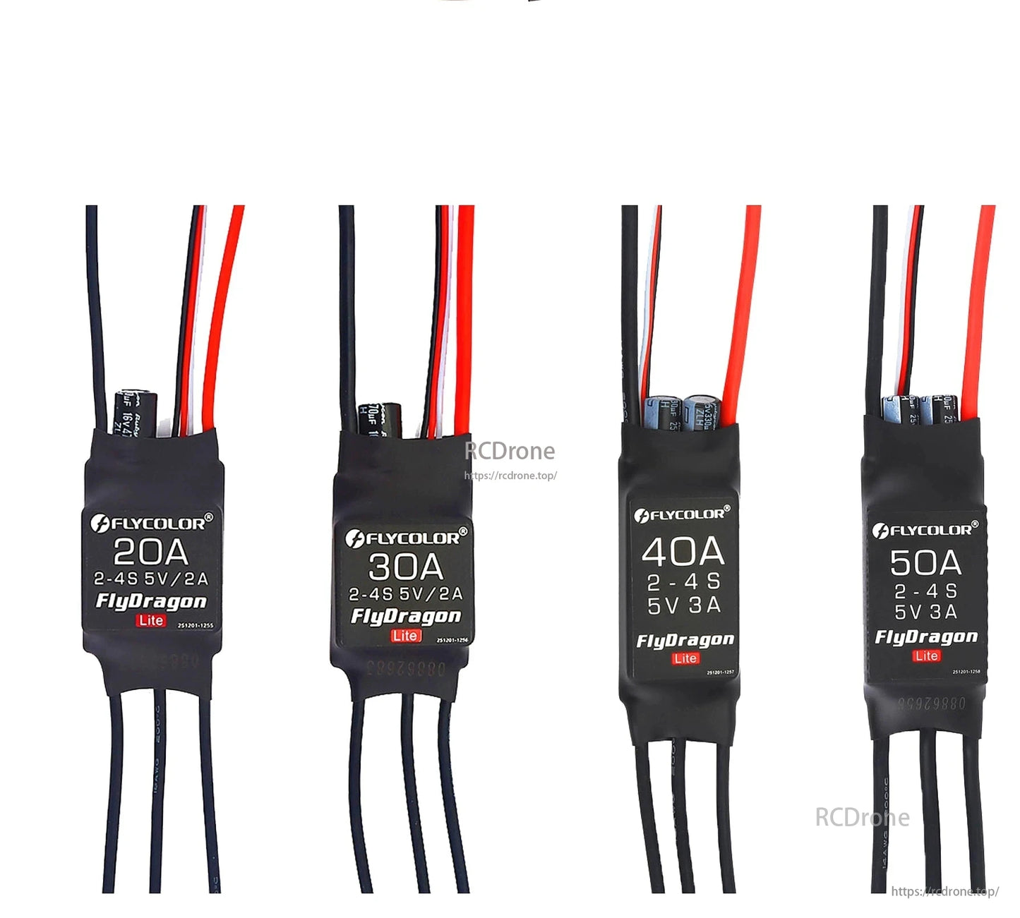 Flycolor FlyDragon Lite ESCs (20A-50A) support 2-4S voltage, offer compact design, efficient motor control, and 5V BEC for FPV drones.