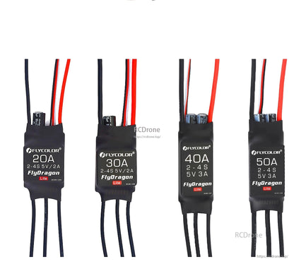 Flycolor FlyDragon Lite ESCs (20A-50A) support 2-4S voltage, offer compact design, efficient motor control, and 5V BEC for FPV drones.
