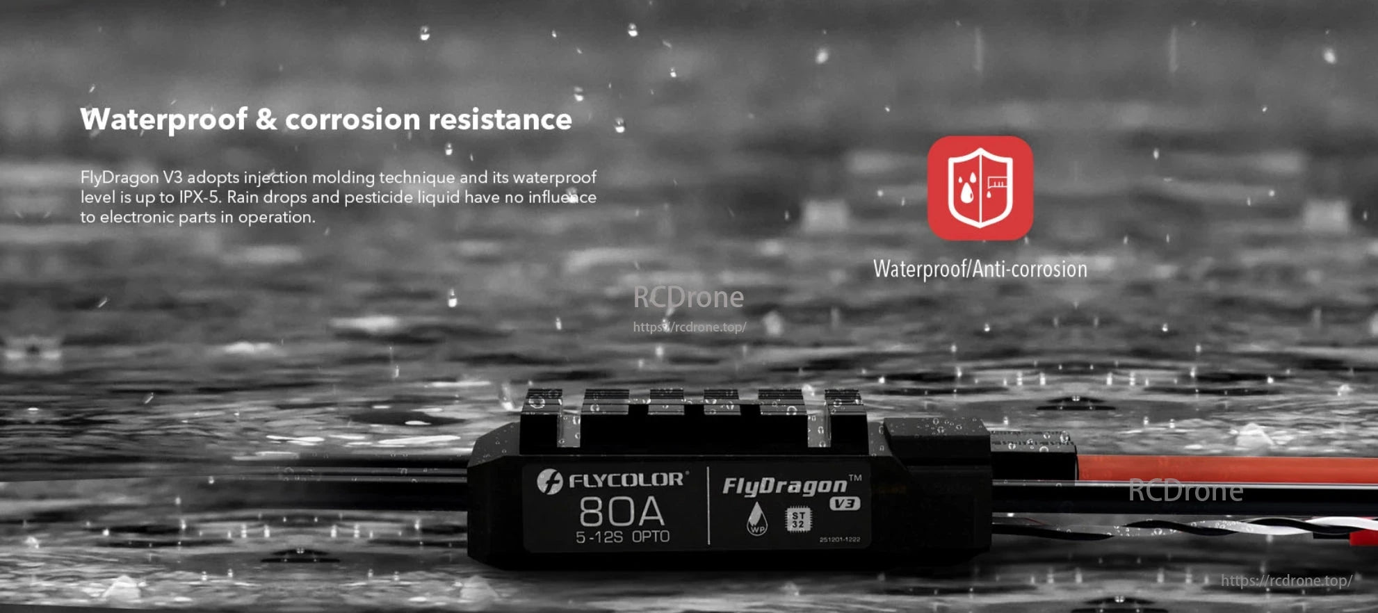Flycolor FlyDragon V3 80A ESC, The FlyDragon V3 has an injection-molded design with IPX-5 protection, making it waterproof and corrosion-resistant for reliable use.