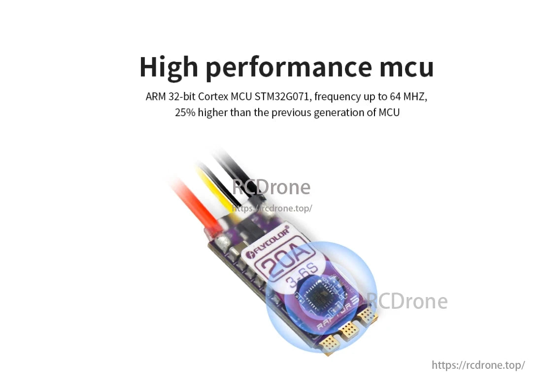 The FlyColor Raptor5 FPV ESC features a high-performance 32-bit ARM Cortex STM32G071 MCU, operating up to 64 MHz, offering 25% faster performance.