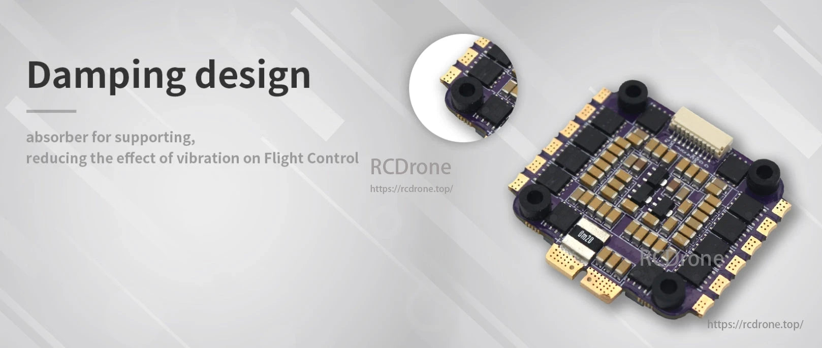 The FlyColor Trinx G5 60A 4in1 ESC features a damping design absorber that reduces vibrations, improving flight control performance.