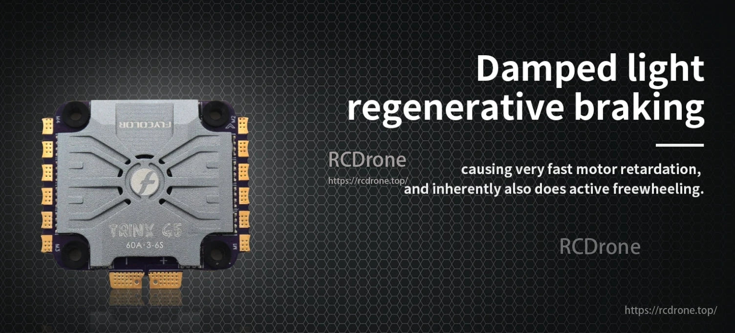 The FlyColor Trinx G5 60A 4in1 ESC provides damped light regenerative braking and active freewheeling for quick motor slowdown.