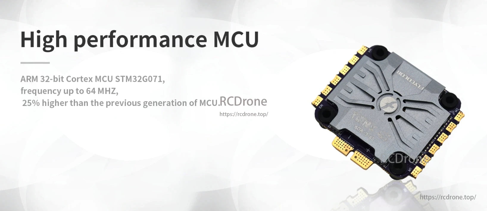 FlyColor Trinx G5 60A 4in1 ESC features a 32-bit ARM Cortex MCU running at 64 MHz, offering 25% faster performance.