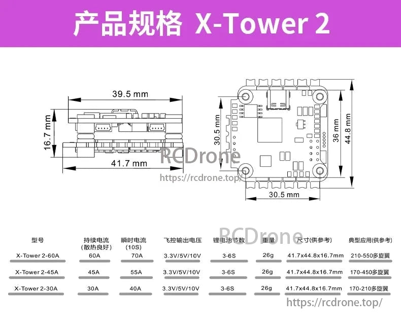 FlyColor X-Tower F7 FPV Stack, The X-Tower 2 is a compact, lightweight (26g) power distribution board with 3.3V/5V/10V outputs, supporting 3-6S LiPo, and available in 60A, 45A, and 30A models for FPV use.