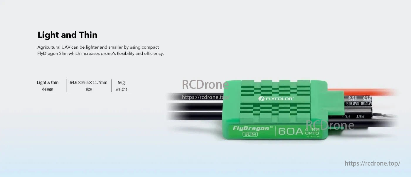 The FlyDragon 60A ESC is lightweight and compact, enhancing agricultural UAV flexibility and efficiency.
