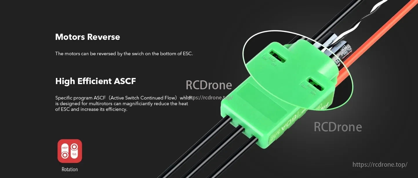 The Flydragon 60A ESC features a motor reverse switch and efficient ASCF program, reducing heat and boosting multirotor efficiency.