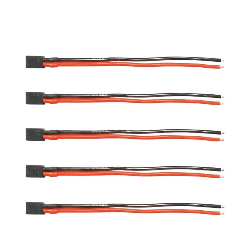 Five A30-F female connector pigtails with red and black 20AWG wires, about 80mm long, ends stripped