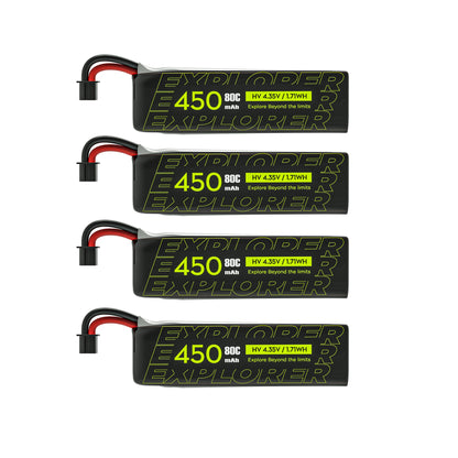 4pcs Flywoo Explorer 1S 450mAh LiHV V2 Battery, Set of four Flywoo Explorer 450mAh 1S LiHV V2 batteries with A30 plug leads, labeled 4.35V 1.71Wh