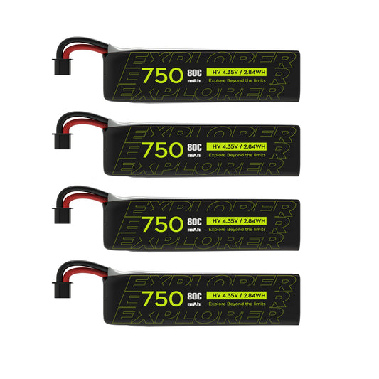Flywoo Explorer 1S 750mAh HV V2 LiPo Battery, Four Flywoo Explorer 1S 750mAh HV LiPo batteries labeled 4.35V 2.84Wh, with prewired leads and plug