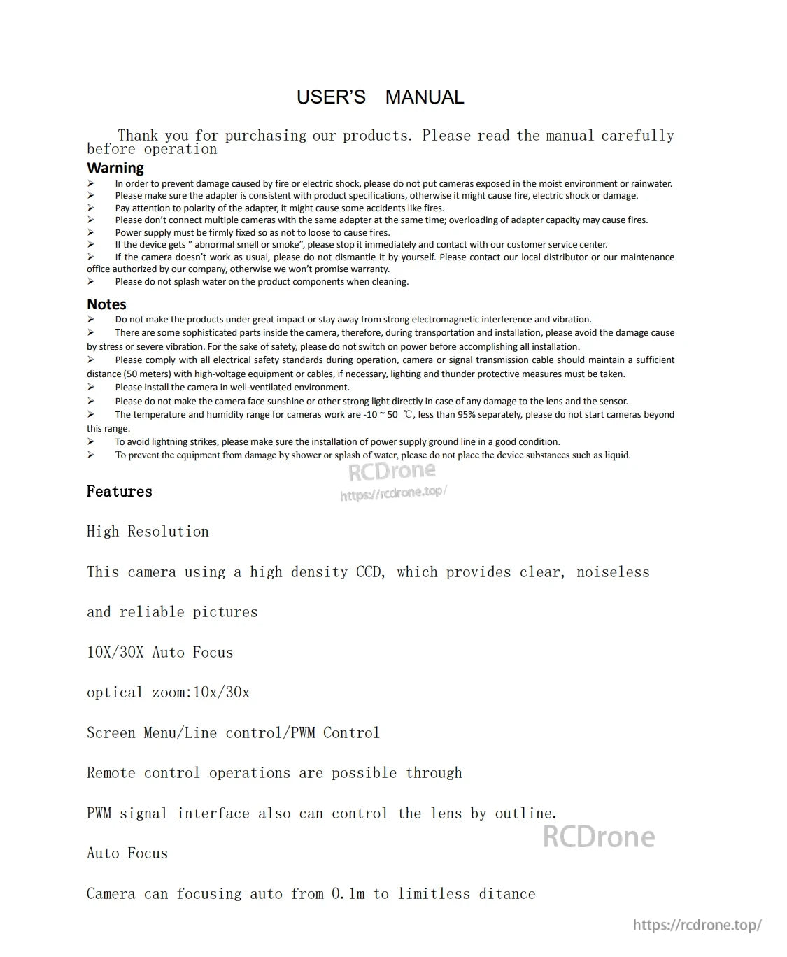 Foxeer 30X Zoom 700TVL CMOS FPV Camera, User manual for a high-resolution FPV camera with 30X optical zoom, auto focus, PWM control, clear imaging, wide temperature range, and safety warnings for installation and operation.